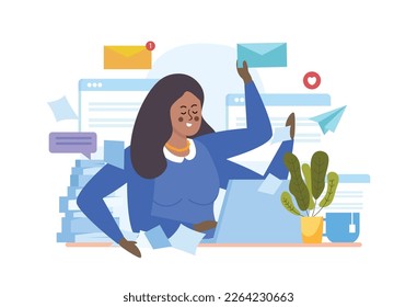 Multitasking people flat composition with four armed woman working online at laptop with email correspondence vector illustration