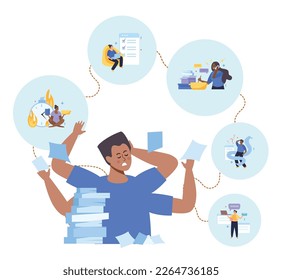 Multitasking people flat design concept with worried about work male character sitting with heap of working documents vector illustration