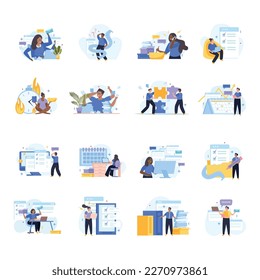 Multitasking people flat icons with multi armed characters tired from overtime work isolated vector illustration