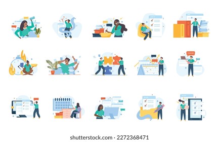 Multitasking people flat set of male and female office workers loaded with hard work isolated vector illustration