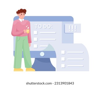 Multitasking people. Metaphor of task list dropping out of computer monitor. Process of managing working schedule. Time management strategy. Productivity and efficiency. Vector illustration