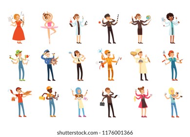 Multitasking people set with many hands. Workers of different professions. Flat worker characters with tools and equipment. Vector