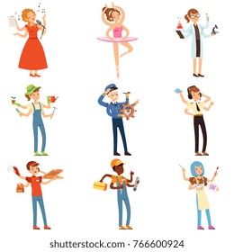 Multitasking people set with many hands. Workers of different professions. Flat worker characters with tools and equipment. Vector