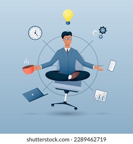 Multitasking person. Businessman in zen yoga lotus position doing many tasks and drinking coffee at the same time. Vector illustration.