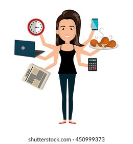 Multitasking person cartoon with icons, vector illustration graphic design.