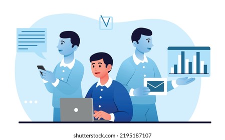 Multitasking person concept. Man sitting at laptop in office. Overworked employee or worker. Hardworking entrepreneur or businessman at workplace. Pressure and stress. Cartoon flat vector