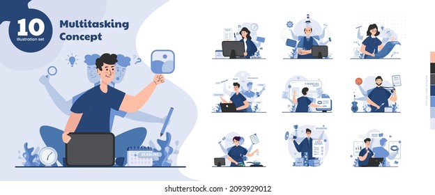 Multitasking person skill multi-talented illustration collection set