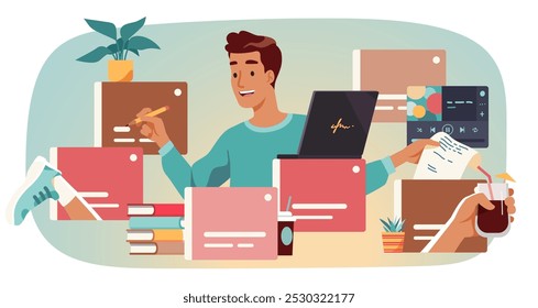 Multitasking person using many apps on computer. Man working, note taking, chatting, studying using multiple software applications on laptop. Online communication technology concept illustration