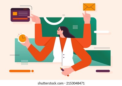 Multitasking, Personal Productivity. Effective Business Woman Managing Multiple Tasks. Time, Project Management Concept. Busy Girl With Many Hands At Work. Isolated Flat Vector Illustration