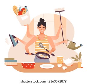 Multitasking, personal productivity. Multitasking housewife, busy cleaning and cooking. A busy girl who has a lot of hands to do multiple tasks at the same time. Flat vector illustration