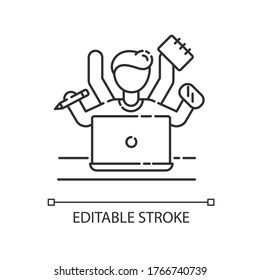 Multitasking pixel perfect linear icon. Efficiency in management. Productive employee. Thin line customizable illustration. Contour symbol. Vector isolated outline drawing. Editable stroke