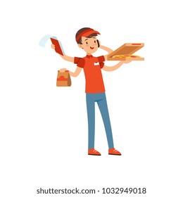 Multitasking pizza delivery boy character, boy in red uniform with many hands boxes of pizza and talking by phone vector Illustration on a white background