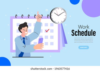 Multitasking, planning teamwork, business concept. Businessman stand near calendar. Job schedule optimization. Business Plan and Time Management. Flat Vector Illustration. 