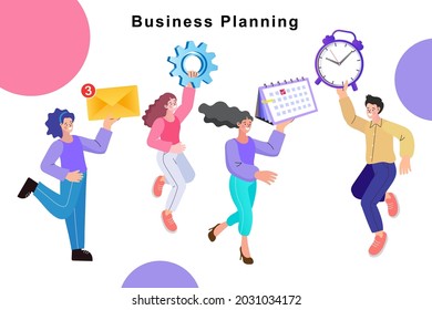 Multitasking, planning teamwork, business concept. Businessman stand near calendar. Job schedule optimization. Business Plan and Time Management. Flat Vector Illustration. 