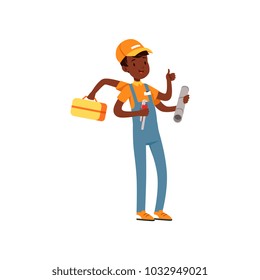 Multitasking plumber character, african american boy in uniform many hands holding wrench and tool box vector Illustration on a white background