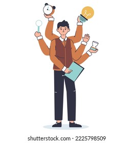 Multitasking productive businessman, busy office worker. Businessman with many hands flat vector illustration on white background. Juggle multitasking employee doing many things