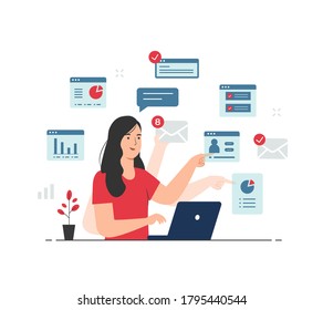 Multitasking and productivity concept. Woman working on laptop and doing several actions at the same time