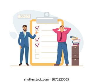 Multitasking, productivity and time management. Boss scolds employee who does not meet deadline. Work on checklist on clipboard. Deadlines, business tasks, achievements goals concept vector