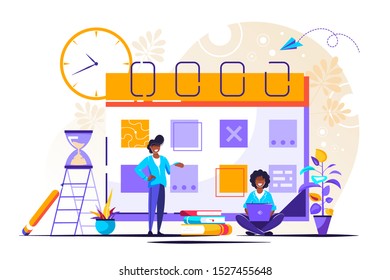 Multitasking, productivity and time management concept. Calendar ,hourglass and working on her laptop business process icons and infographics on background.
