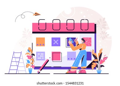 Multitasking, productivity and time management concept. Calendar ,hourglass and working on her laptop business process icons and infographics on background.
