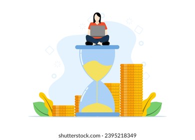 Multitasking, Produktivität und Zeitmanagement-Konzept. Business-Charakter mit Laptop mit Stundenglas, Arbeitsplan des Projektteams, guter Geschäftsprozess, Effizienz der Zeitorganisation.