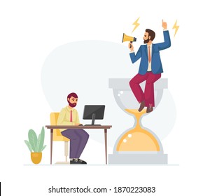 Multitasking, productivity and time management. Management, productivity increase. Boss sitting on an hourglass with loudspeaker helps workers increase productivity cartoon vector