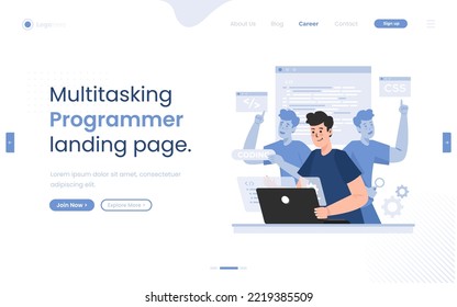 Multitasking programmer illustration on landing page design