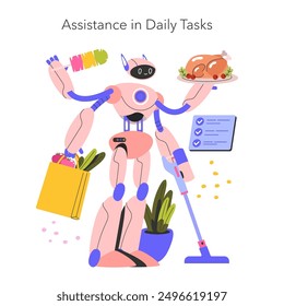 Multitasking robot assistant performing various household chores, from cleaning to cooking, showcasing efficiency in home management. Vector illustration.