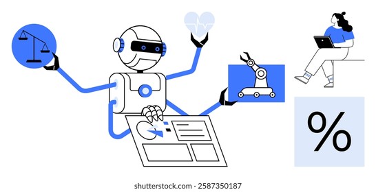 Multi-tasking robot holding symbols of law, health, and machinery while interacting with digital data and a laptop user. Ideal for technology, AI, automation, healthcare, data analysis, legal tech