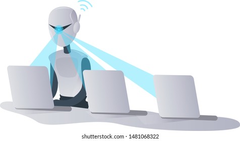 Multi-tasking robot scans three laptop screens at the same time, replaces workers, speeds up information processing. Flat illustration RPA, business automation, invisible employee