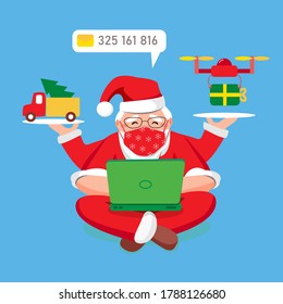 Multitasking Santa Claus at home answers email inquiries on laptop. Sending gifts by copter. Christmas tree in truck. Removed New Year Christmas 2021 in quarantine. Vector flat illustration