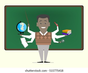 Multitasking is a school teacher near blackboard. Concept vector.