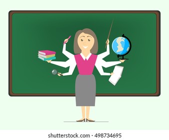 Multitasking is a school teacher women, the teacher on various subjects. Vector