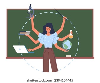 Multitasking schoolteacher standing at blackboard. Woman with many hands hold laptop, globe and books, microscope and pointer. Geography and chemistry lesson. Cartoon flat vector concept