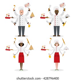 Multitasking Set Chef Cook Isolated On White. Woman Chef Cook And Man Chef Working. Vector Illustration Concept. 