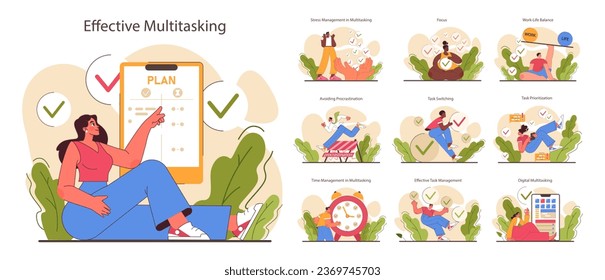 Multitasking set. Effective and competent office worker time and task management. Business productivity optimization, scheduling and progress tracking. Flat vector illustration