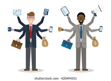 Multitasking six hands isolated businessmen on white background. 