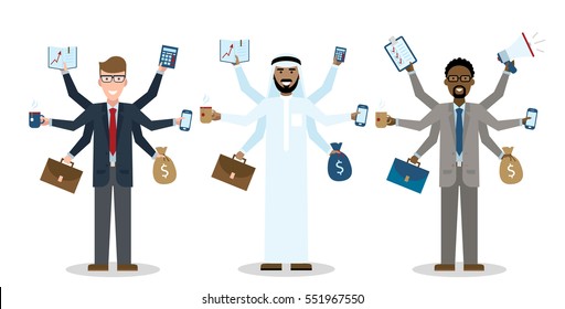 Multitasking six hands isolated businessmen on white background. Workaholic. Talented and professional. Leadership.