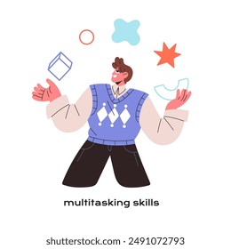 Multitasking skills concept. Busy employee works with multi tasks. Office worker with experience has time management ability. Effective person juggles. Flat isolated vector illustration on white