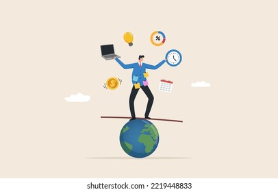 Multitasking skills and time management skill. professional responsibilities with personal time. Multitasking businessman trying to balance himself while juggling with different tasks.