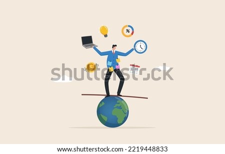 Multitasking skills and time management skill. professional responsibilities with personal time. Multitasking businessman trying to balance himself while juggling with different tasks.