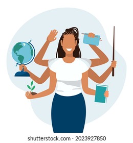 Multitasking smiling teacher with a pointer, books, a plant and a globe. Young black woman character with many hands. Vector Illustration in flat style.