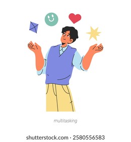 Multitasking soft skill for work, career and business. Vector isolated flat cartoon character juggling projects or activities. Personal productivity of worker, busy male personage working