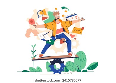 Multitasking Specialist balancing on board, vector illustration. Person balancing on a gear and juggling various icons representing different skills or tasks.