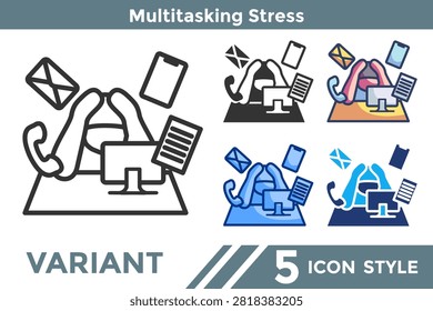 Multitasking Stress icon for representing divided attention systems, simultaneous task pressure, and productivity strain concepts. Line, Filled, Color, Dualtone style.