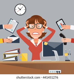 Multitasking Stressed Business Woman in Office Work Place. Vector illustration