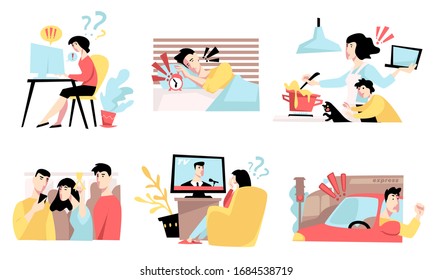Multitasking, stressing woman and man, cooking and doing business, overworking vector. Busy housewife in stress, monday morning and traffic jam. Overload at home and work or public transport