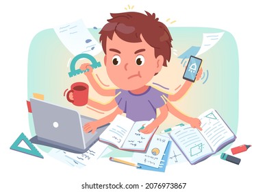 Multitasking student doing homework, personal projects, solving geometry, physics, using laptop, mobile phone, writing textbook, typing. Stressed school kid studying hard vector character illustration