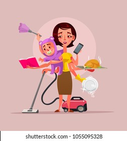 Multitasking Super Mother Character Holding Baby, Phone, Food And Cleaning House. Vector Flat Cartoon Illustration