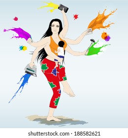 Multitasking super mother with six arms. Busy morning in colors